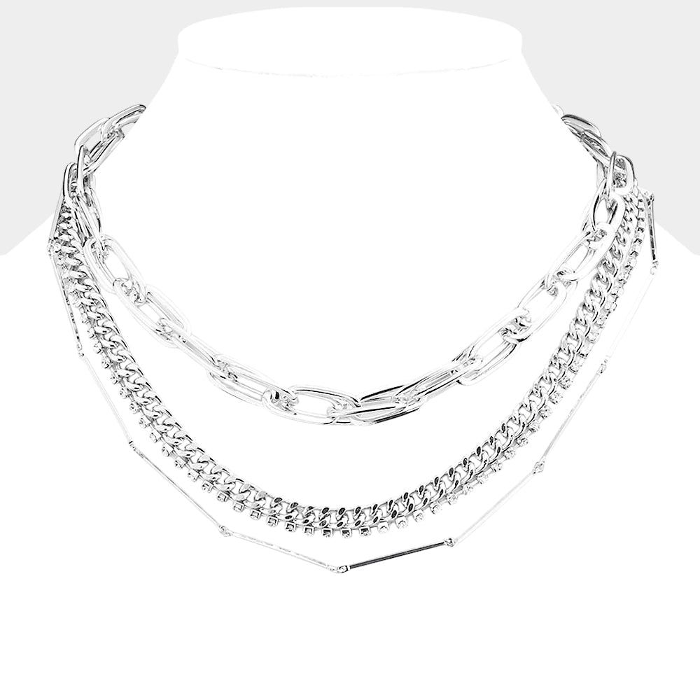Madeline Love Rhodium Layered Rhinestone Metal Chain Link Necklace - Necklaces