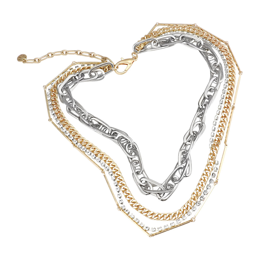 Madeline Love Gold, Rhodium, Two Tone Layered Rhinestone Metal Chain Link Necklace - Necklaces - desc