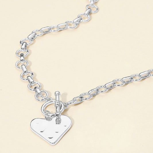 Madeline Love Rhodium Hammered Metal Heart Pendant Chunky Chain Toggle Necklace - Necklaces