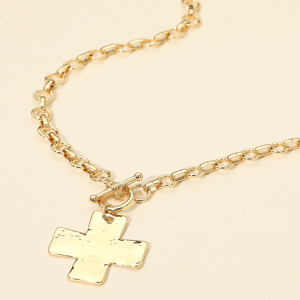 Madeline Love Gold Hammered Metal Cross Pendant Chunky Chain Toggle Necklace - Necklaces