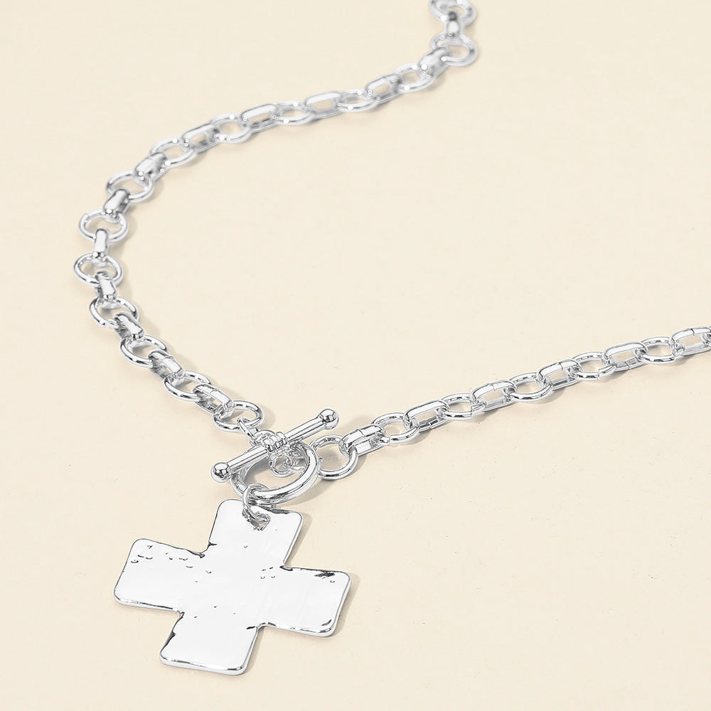 Madeline Love Rhodium Hammered Metal Cross Pendant Chunky Chain Toggle Necklace - Necklaces