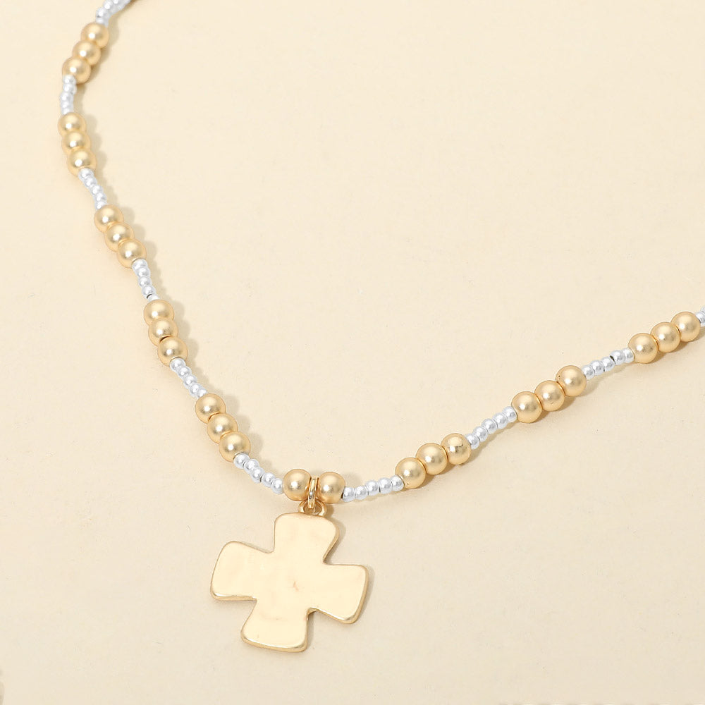 Madeline Love Gold, Silver, Two Tone Brushed Hammered Metal Cross Pendant Beaded Chain Necklace - Necklaces