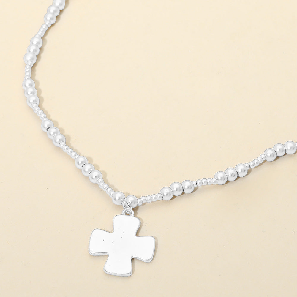 Madeline Love Silver Brushed Hammered Metal Cross Pendant Beaded Chain Necklace - Necklaces