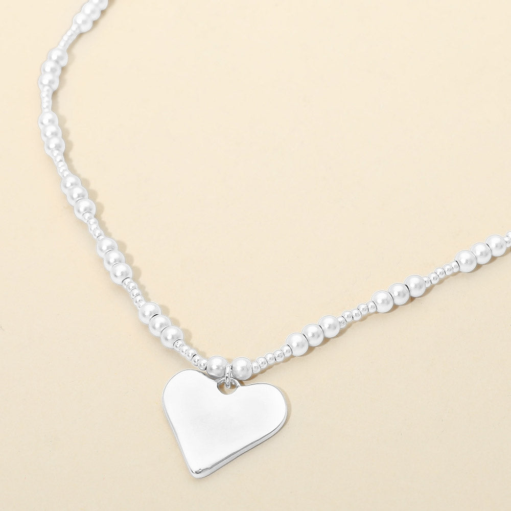 Madeline Love Silver Brushed Hammered Metal Heart Pendant Beaded Chain Necklace - Necklaces