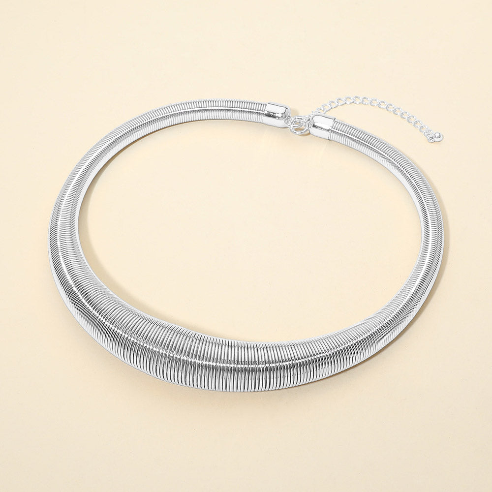 Madeline Love Rhodium Metal Ribbed Coil Collar Statement Necklace - Necklaces
