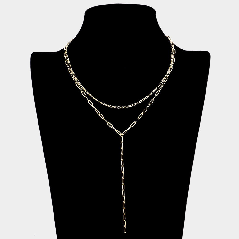 Madeline Love Gold Brass Metal Open Metal Link Double Layered Y Necklace - Necklaces - desc