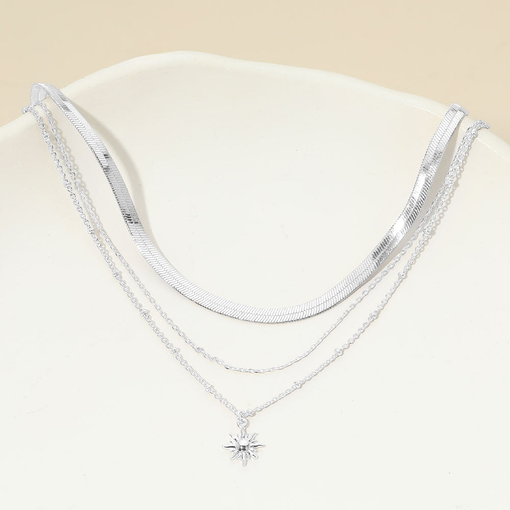 Madeline Love Silver, White Gold White Gold Dipped Sunburst Charm Pendant Herringbone Chain Layered Necklace - Necklaces