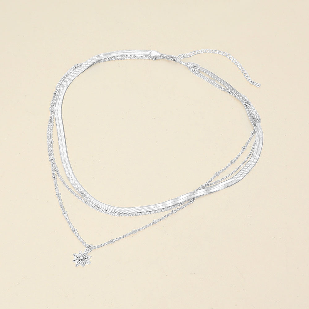 Madeline Love Silver, White Gold White Gold Dipped Sunburst Charm Pendant Herringbone Chain Layered Necklace - Necklaces - desc