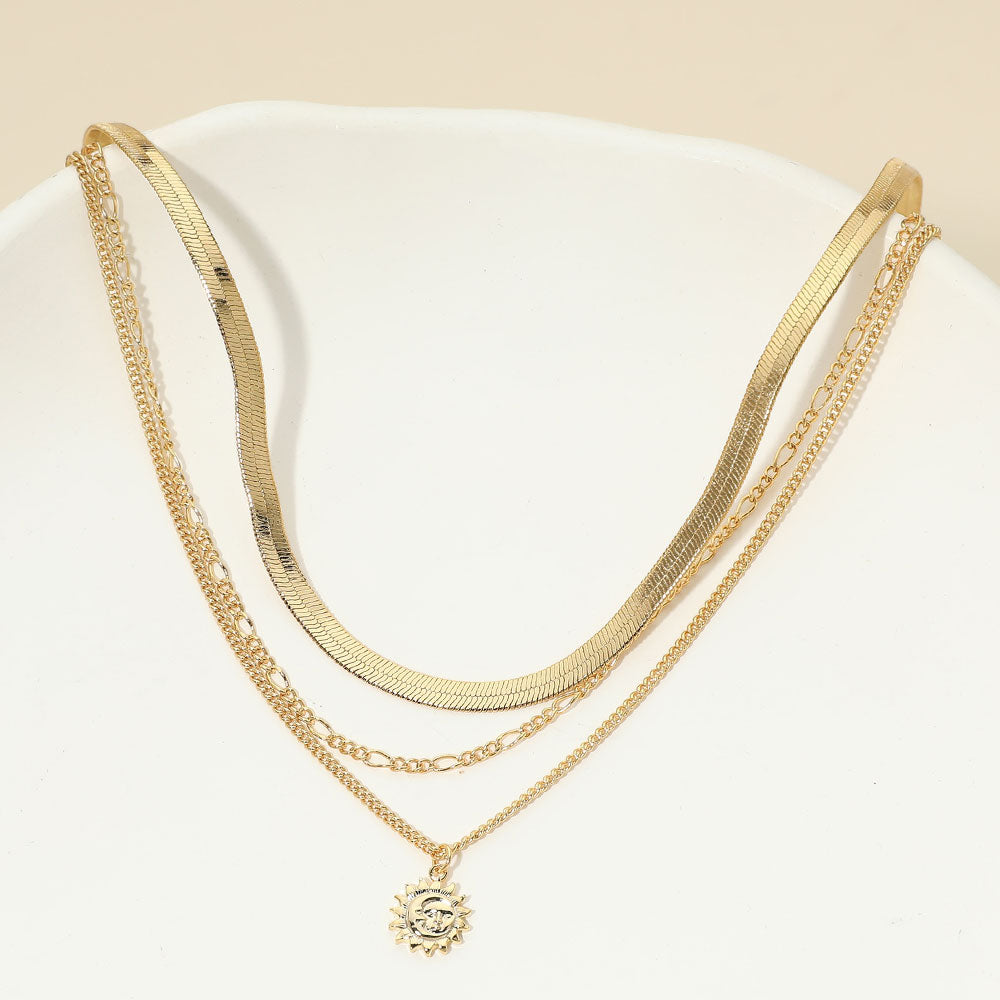 Madeline Love Gold 18K Gold Dipped Zodiac Moon Sunburst Coin Pendant Accent Herringbone Chain Layered Necklace - Necklaces
