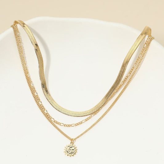 Madeline Love Gold 18K Gold Dipped Zodiac Moon Sunburst Coin Pendant Accent Herringbone Chain Layered Necklace - Necklaces