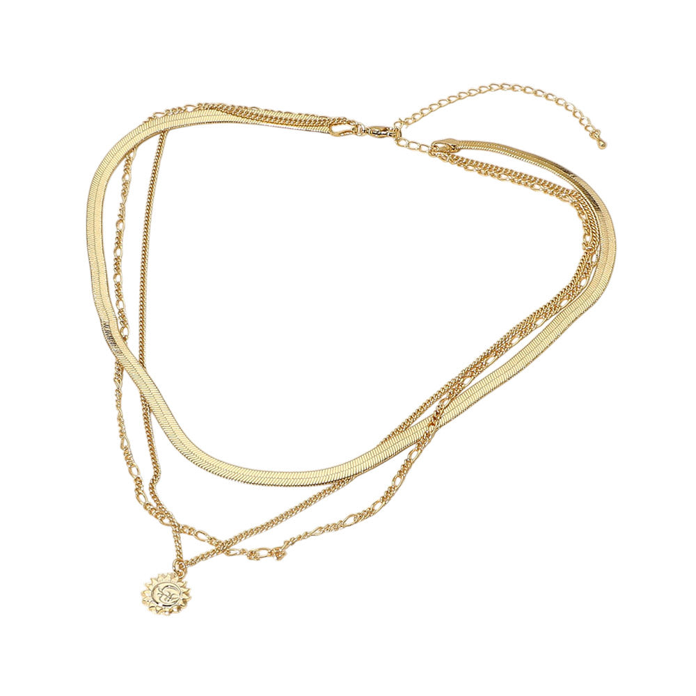 Madeline Love Gold 18K Gold Dipped Zodiac Moon Sunburst Coin Pendant Accent Herringbone Chain Layered Necklace - Necklaces - extra