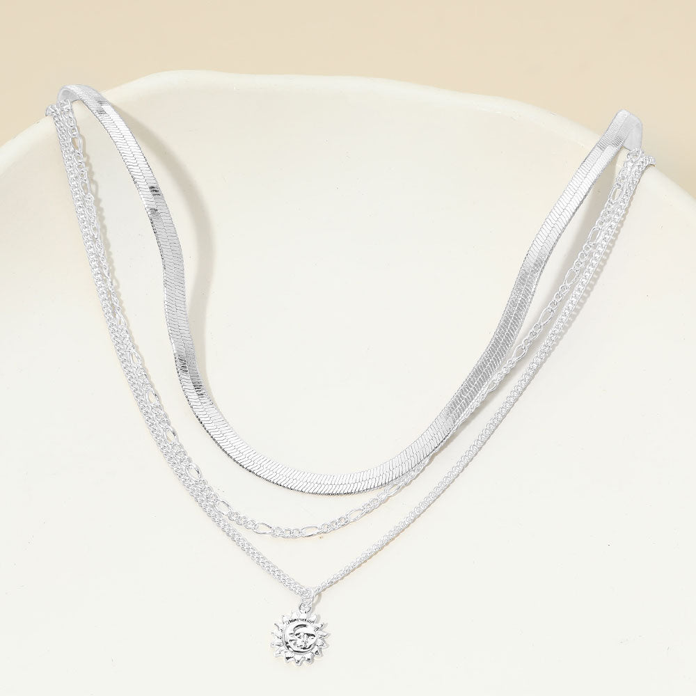 Madeline Love Silver, White Gold White Gold Dipped Zodiac Moon Sunburst Coin Pendant Accent Herringbone Chain Layered Necklace - Necklaces