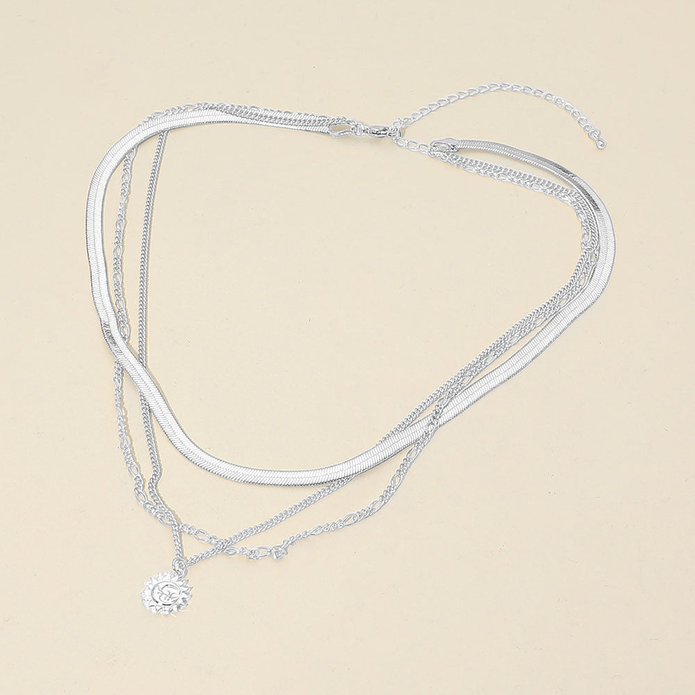 Madeline Love Silver, White Gold White Gold Dipped Zodiac Moon Sunburst Coin Pendant Accent Herringbone Chain Layered Necklace - Necklaces - desc