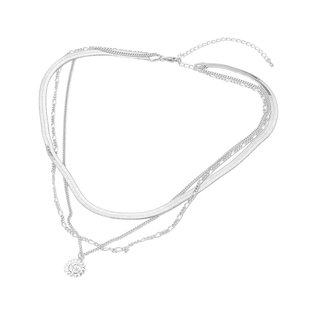 Madeline Love Silver, White Gold White Gold Dipped Zodiac Moon Sunburst Coin Pendant Accent Herringbone Chain Layered Necklace - Necklaces - extra