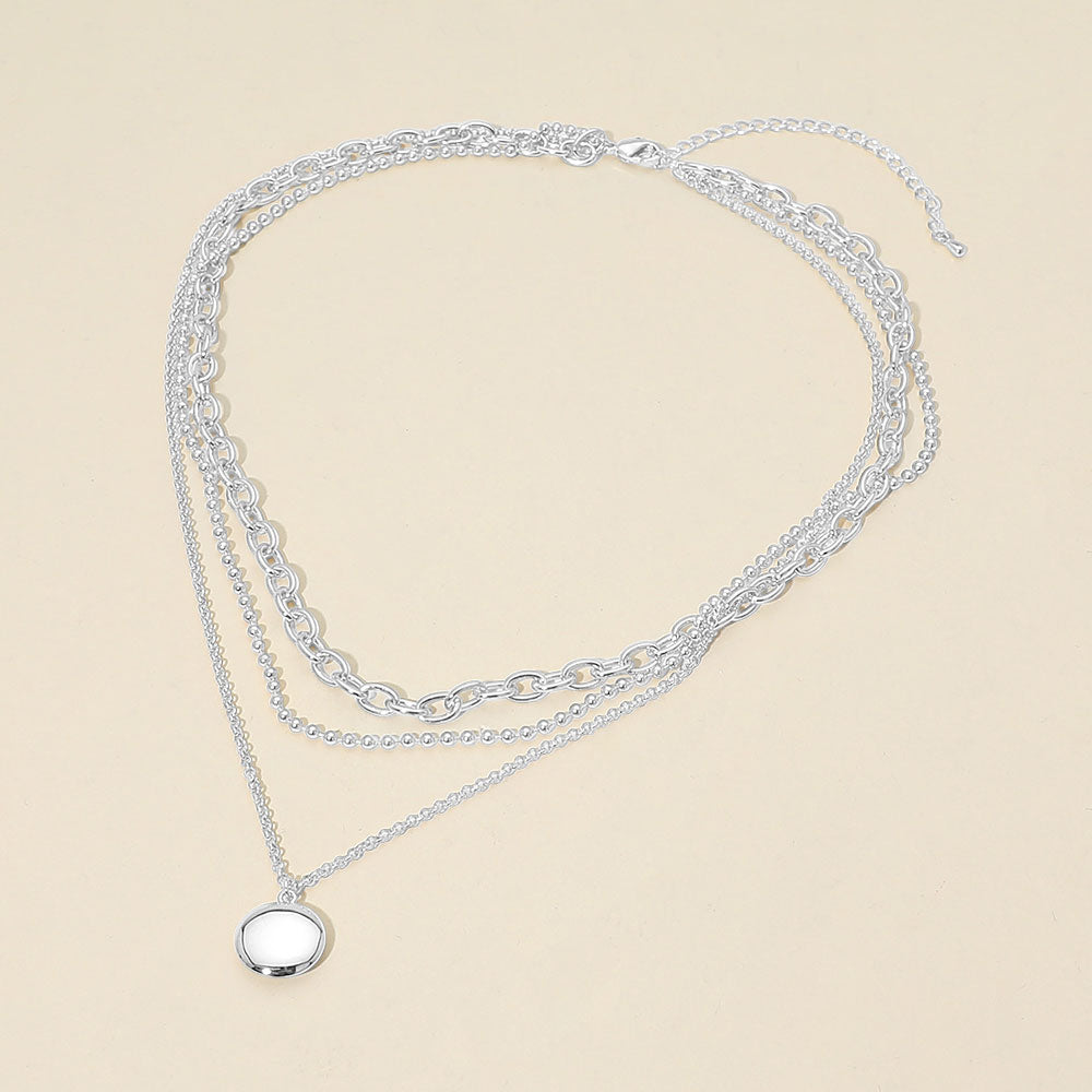 Madeline Love Silver, White Gold White Gold Dipped Polished Round Pendant Accent Mixed Chain Layered Necklace - Necklaces - desc