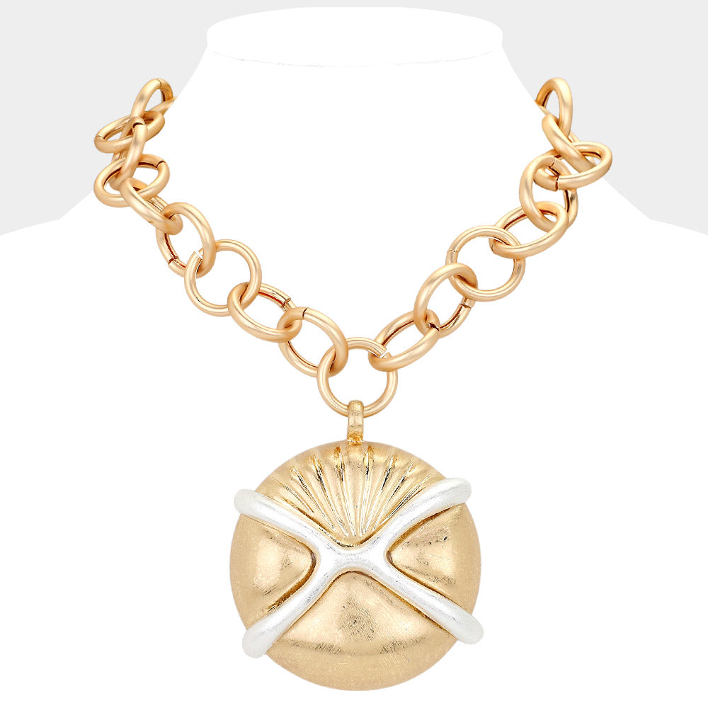 Matte gold Oversized Matte Metal Sand Dollar Pendant Chunk Statement Necklace
