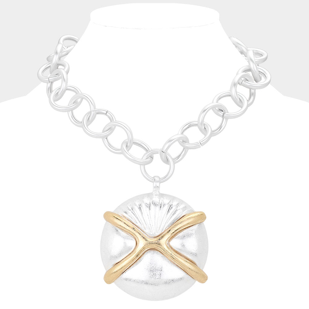 Matte Silver Oversized Matte Metal Sand Dollar Pendant Chunk Statement Necklace