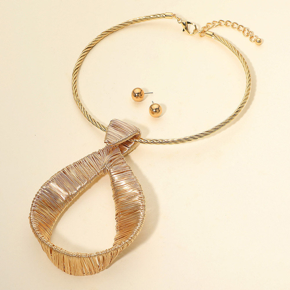 Madeline Love Gold Bold Metal Wire Wrapped Teardrop Pendant Statement Necklace - Necklaces - desc