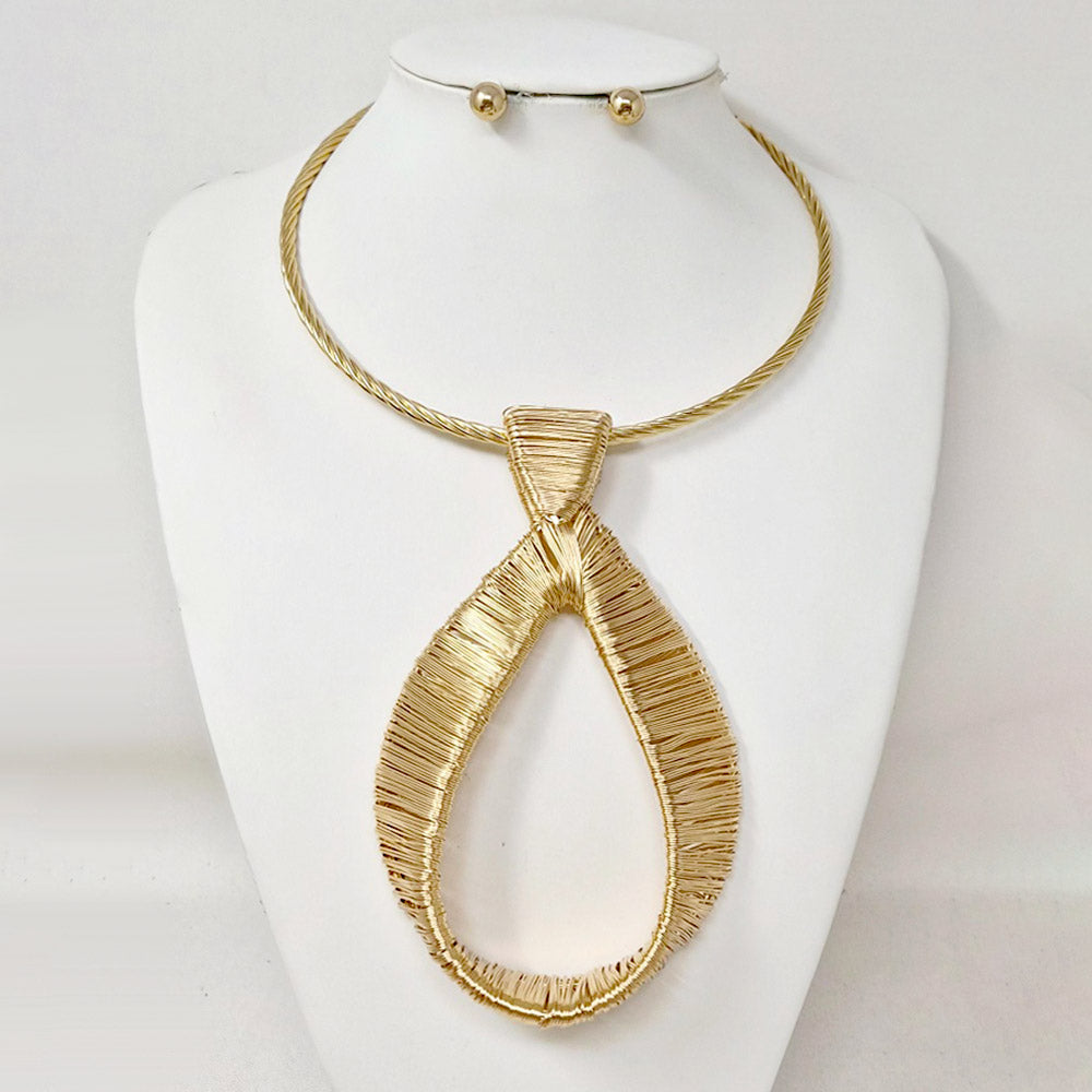 Madeline Love Gold Bold Metal Wire Wrapped Teardrop Pendant Statement Necklace - Necklaces - extra