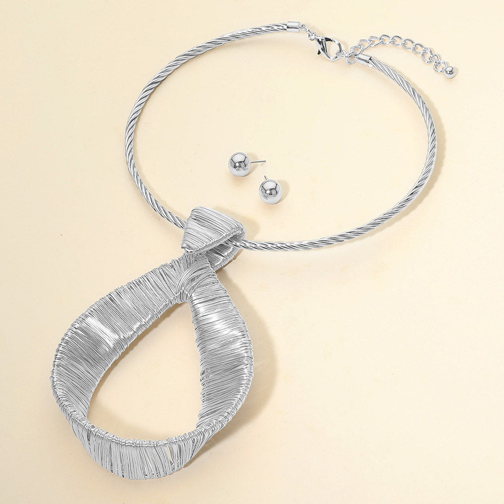 Madeline Love Rhodium Bold Metal Wire Wrapped Teardrop Pendant Statement Necklace - Necklaces - desc