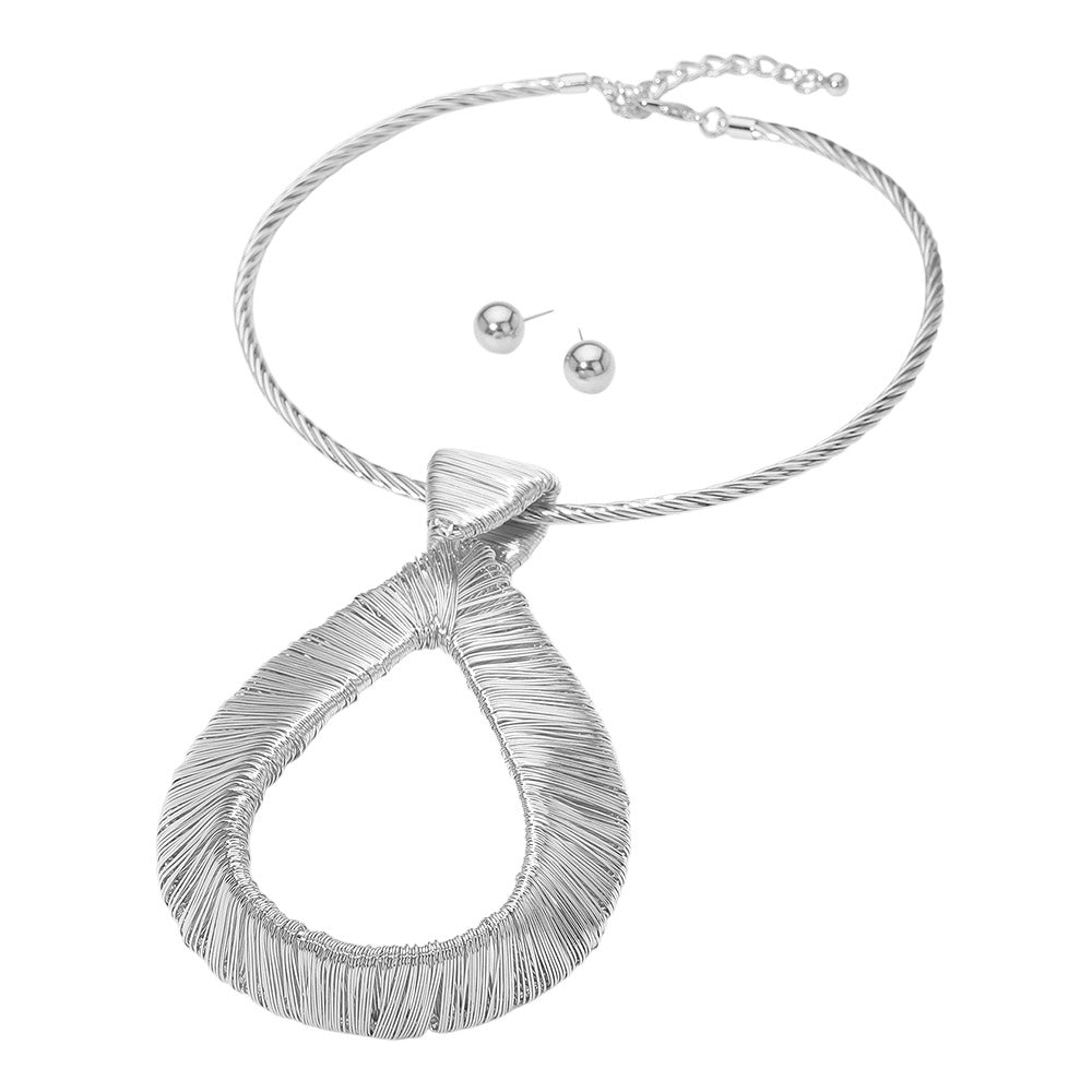 Madeline Love Rhodium Bold Metal Wire Wrapped Teardrop Pendant Statement Necklace - Necklaces - extra