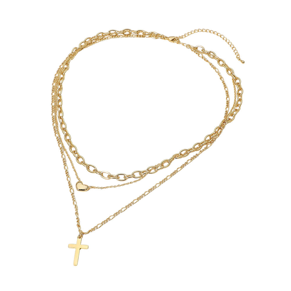 Madeline Love Gold 18K Gold Dipped Cross Pendant Heart Charm Accent Mixed Chain Layered Necklace - Necklaces - extra