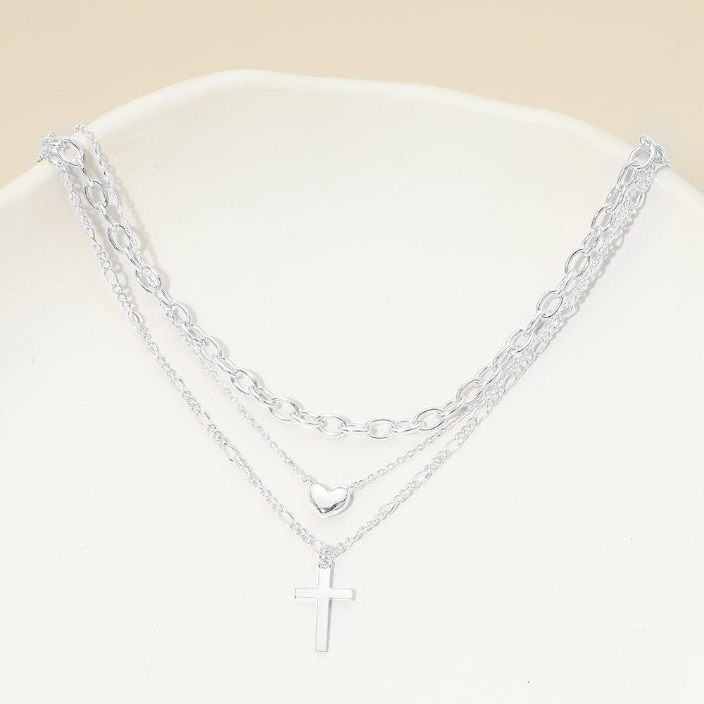 Madeline Love Silver, White Gold White Gold Dipped Cross Pendant Heart Charm Accent Mixed Chain Layered Necklace - Necklaces