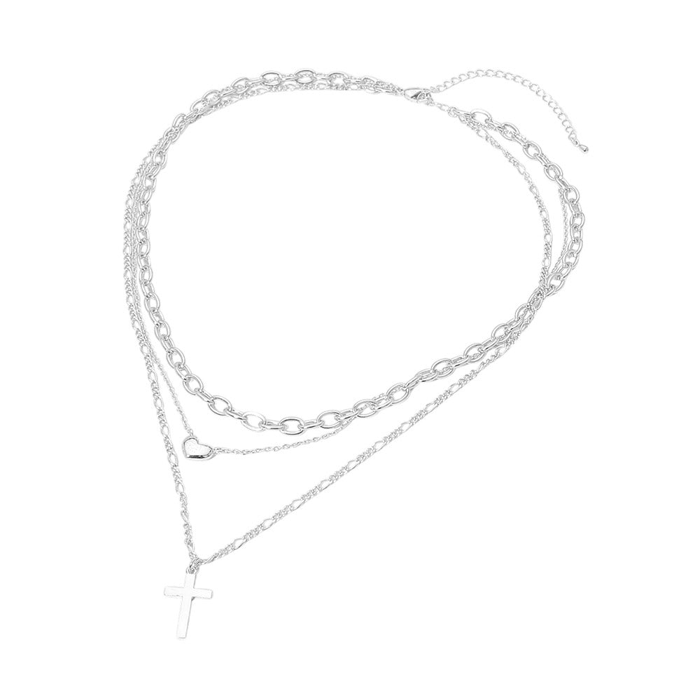 Madeline Love Silver, White Gold White Gold Dipped Cross Pendant Heart Charm Accent Mixed Chain Layered Necklace - Necklaces - extra
