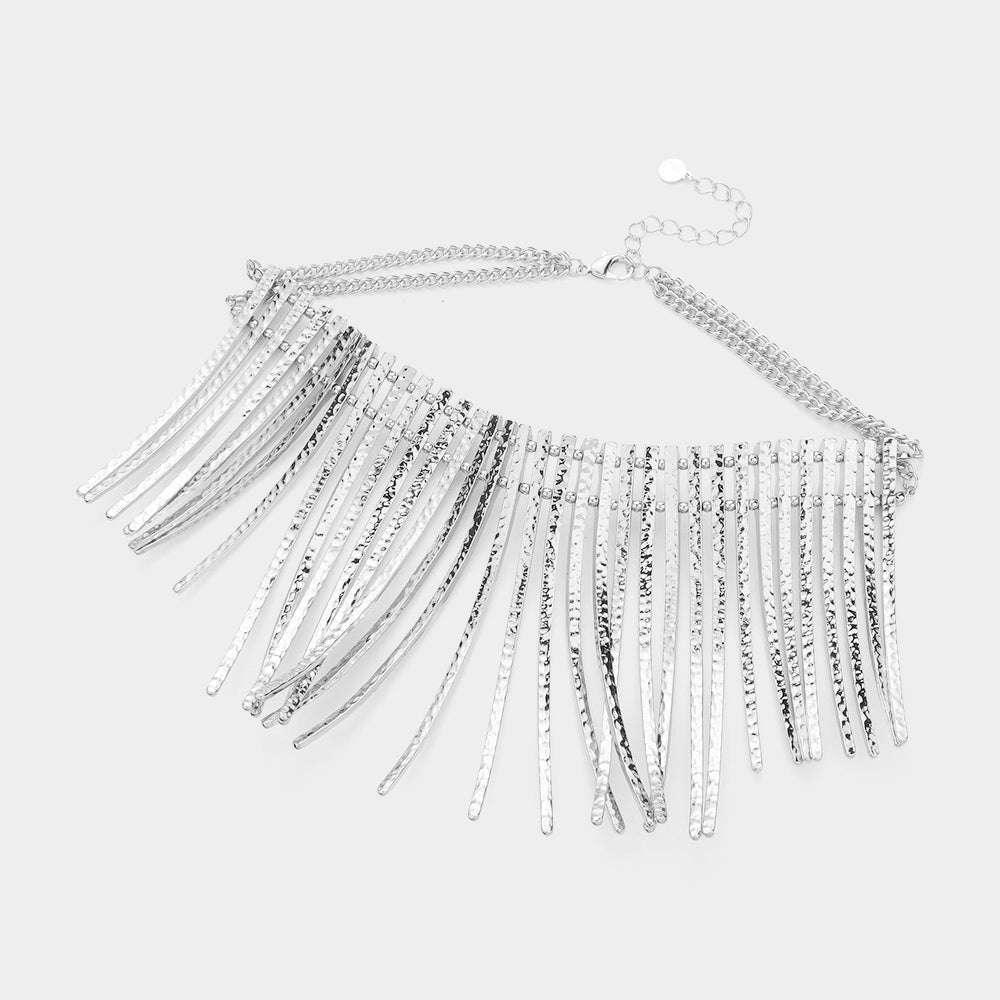 Madeline Love Rhodium Curved metal bar fringe armor necklace - Necklaces - desc