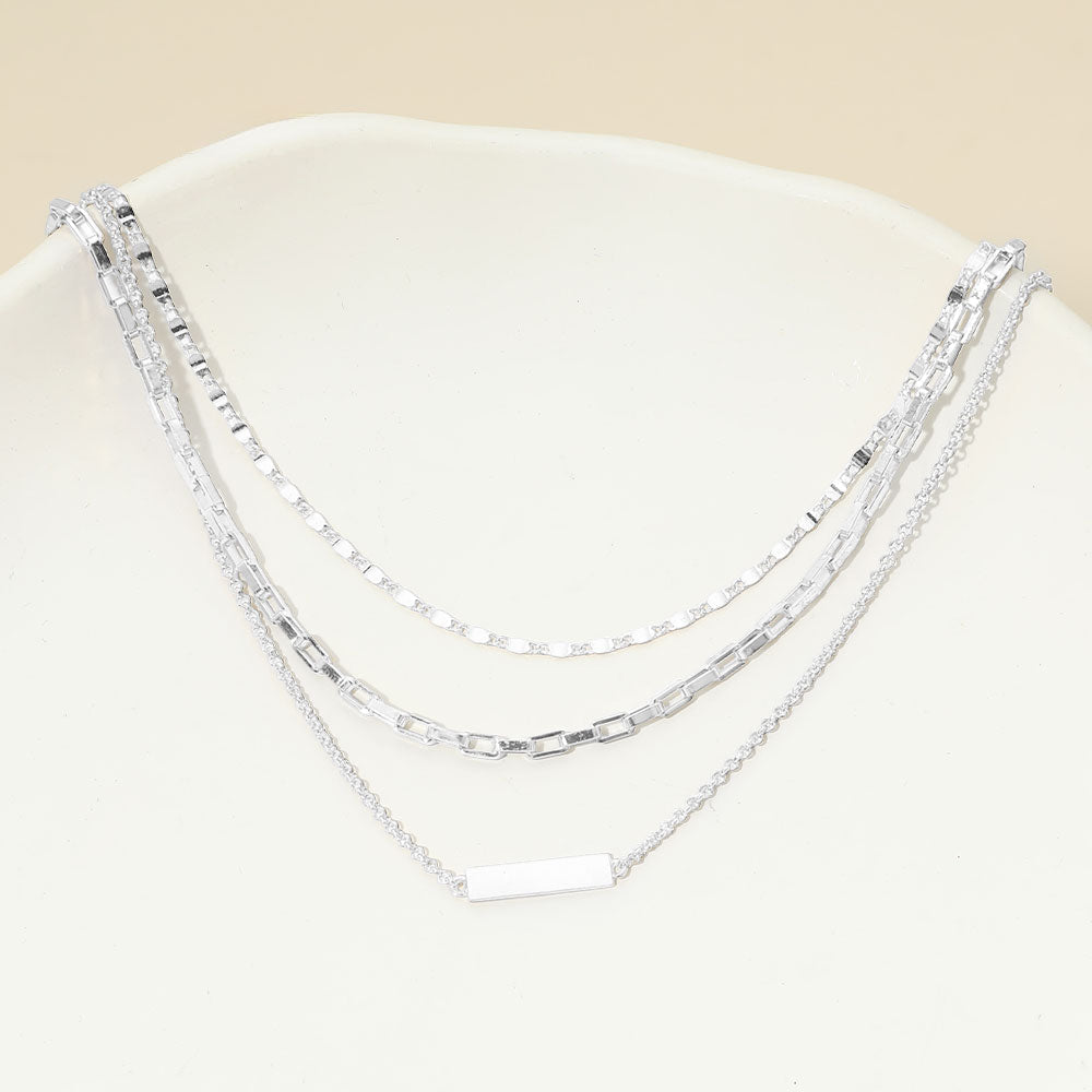Madeline Love Silver, White Gold White Gold Dipped Bar Pendant Layered Mixed Chain Layered Necklace - Necklaces