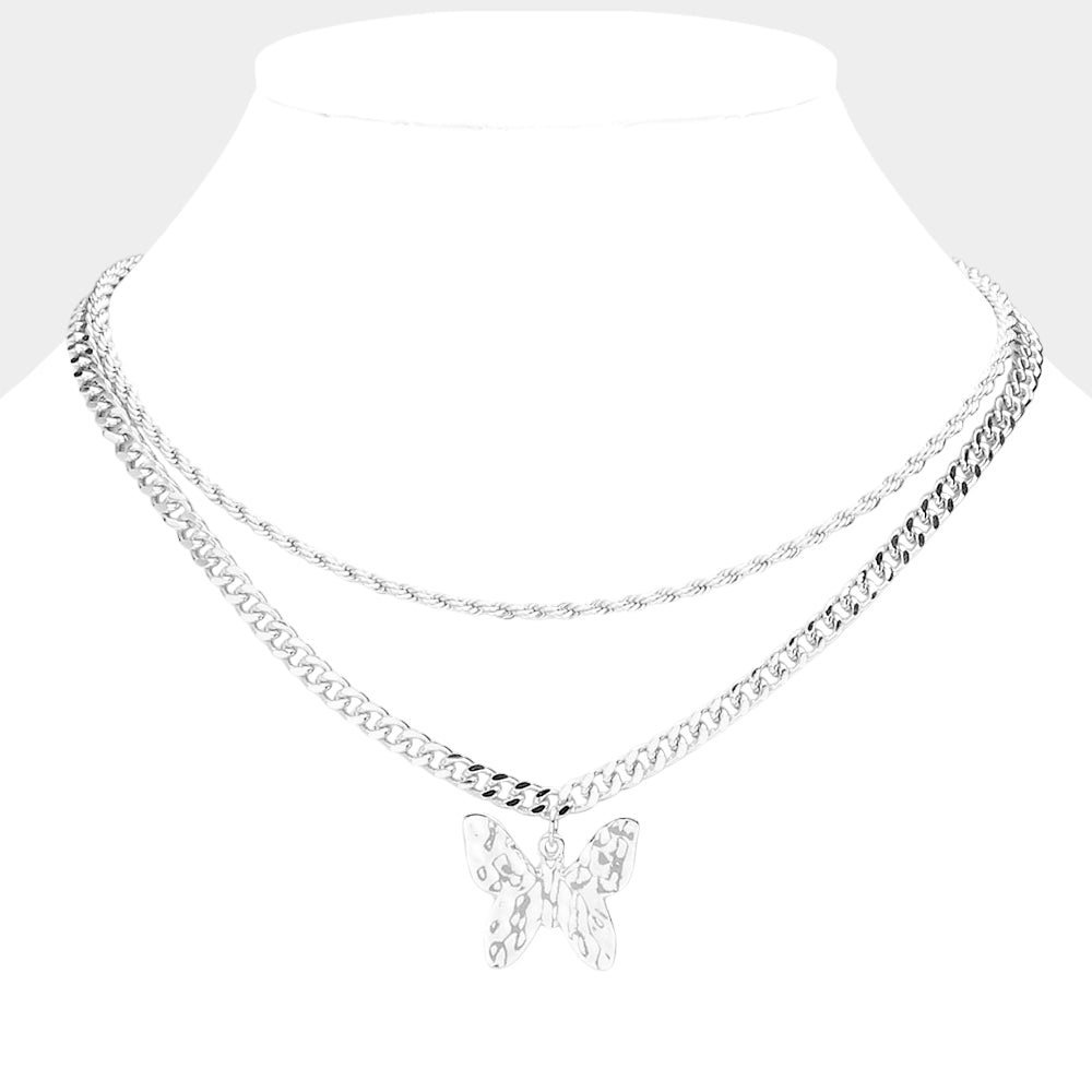 Madeline Love Rhodium Hammered Metal Butterfly Pendant Double Layered Necklace - Necklaces