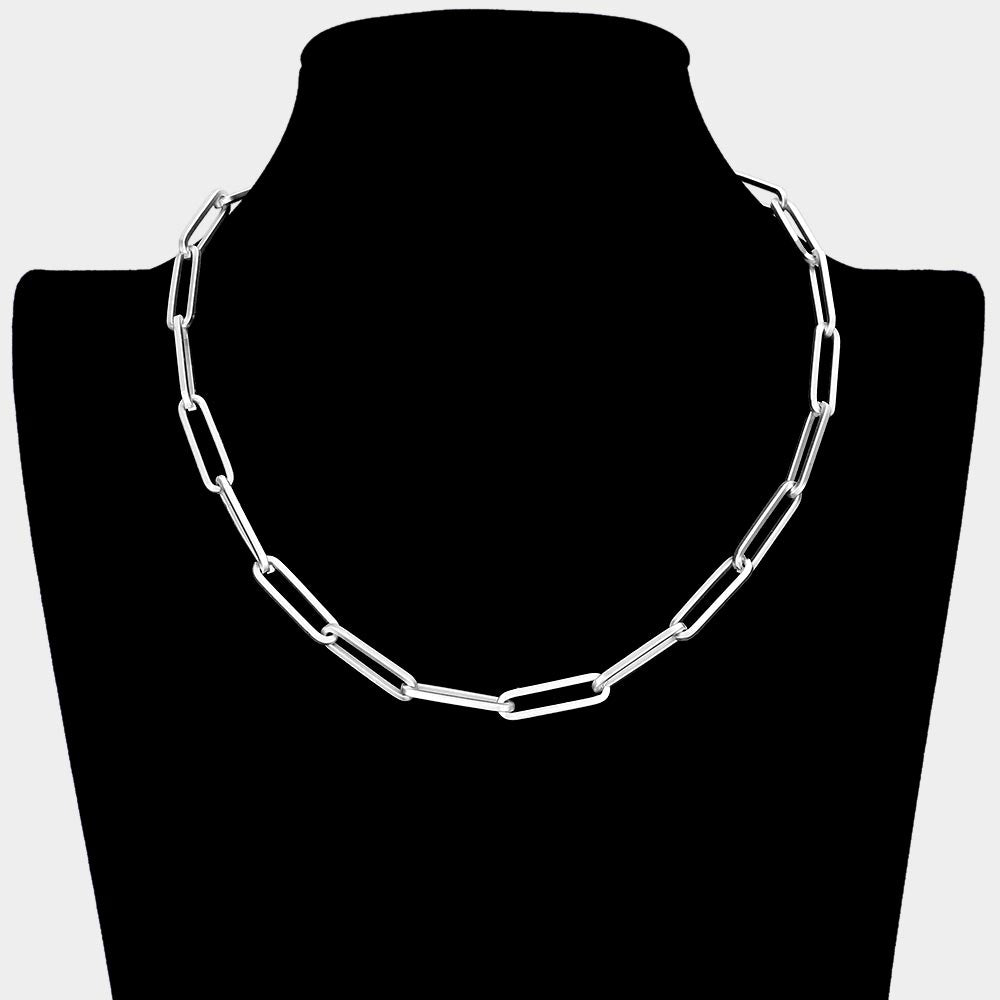 Madeline Love Matte Silver Open Metal Oval Link Necklace - Necklaces
