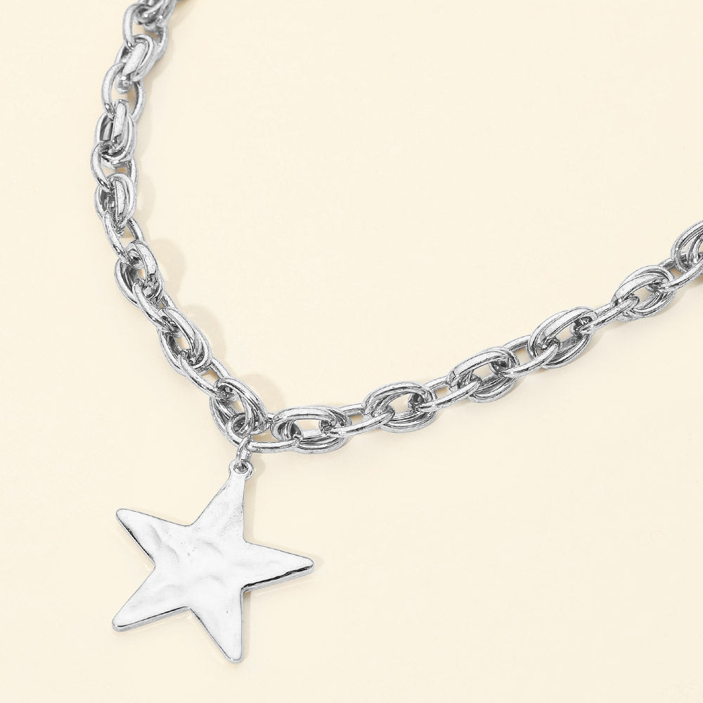 Madeline Love Antique Silver Hammered Metal Star Pendant Chunky Chain Necklace