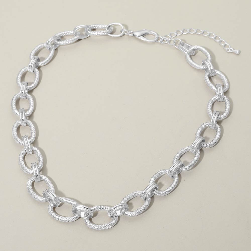 Madeline Love Worn Silver Textured Metal Oval Link Chain Necklace - Necklaces - extra