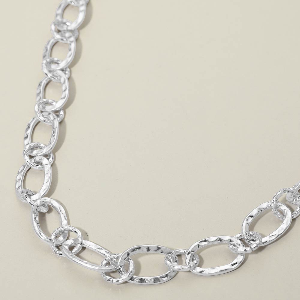 Madeline Love Worn Silver Hammered Metal Oval Link Necklace - Necklaces