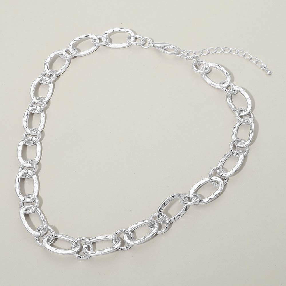 Madeline Love Worn Silver Hammered Metal Oval Link Necklace - Necklaces - extra