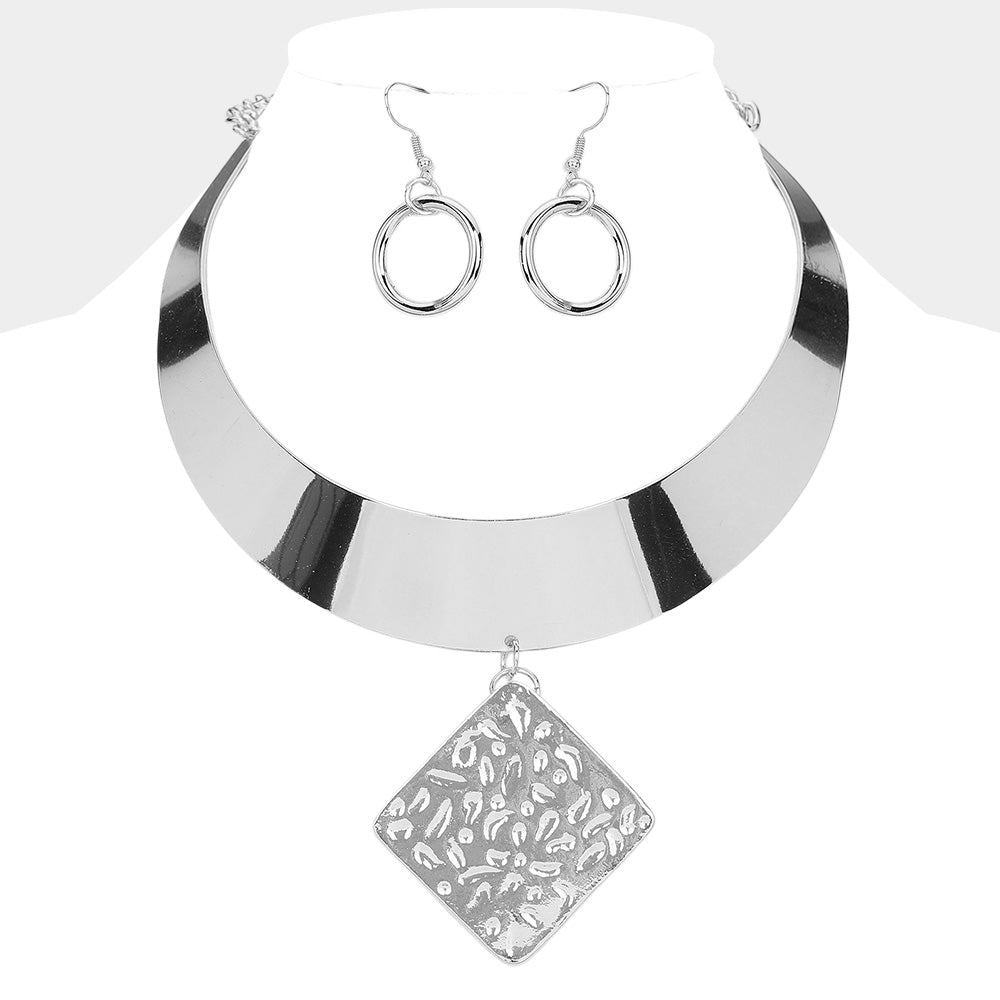 Madeline Love Rhodium Textured Metal Rhombus Pendant Pointed Necklace - Necklaces