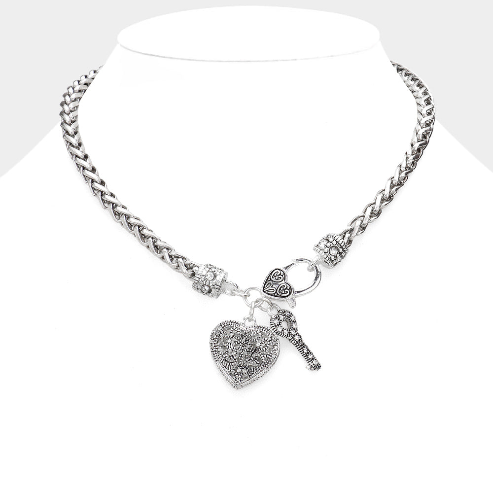 Madeline Love Antique Silver Antique Metal Heart Key Lock Pendant Toggle Necklace - Necklaces