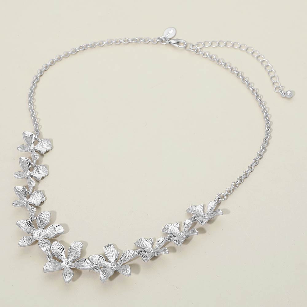 Madeline Love Worn Silver Textured Metal Floral Charm Link Collar Necklace