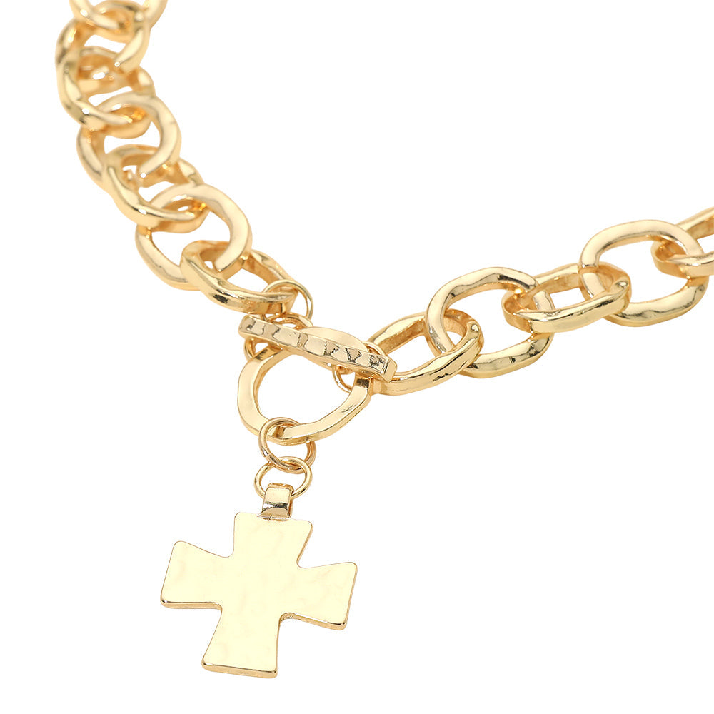Madeline Love Gold Cross Charm Chunky Chain Toggle Necklace - Necklaces - desc