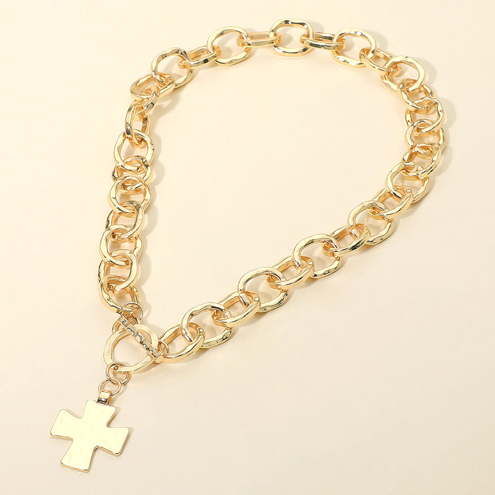 Madeline Love Gold Cross Charm Chunky Chain Toggle Necklace - Necklaces - extra
