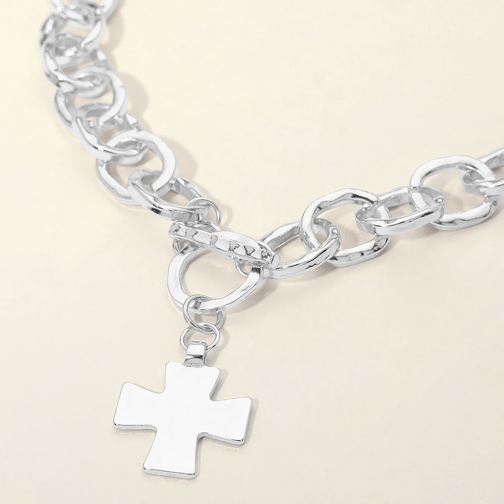 Madeline Love Rhodium Cross Charm Chunky Chain Toggle Necklace - Necklaces