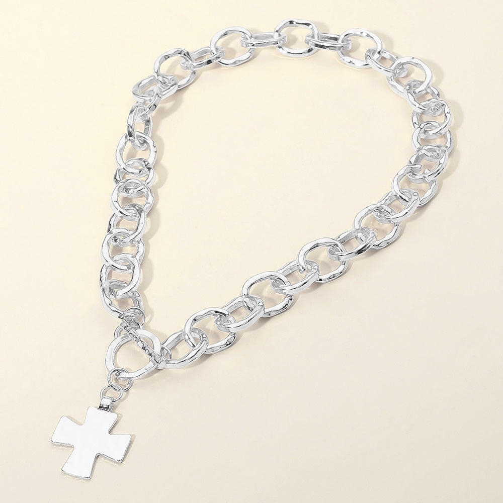 Madeline Love Rhodium Cross Charm Chunky Chain Toggle Necklace - Necklaces - extra