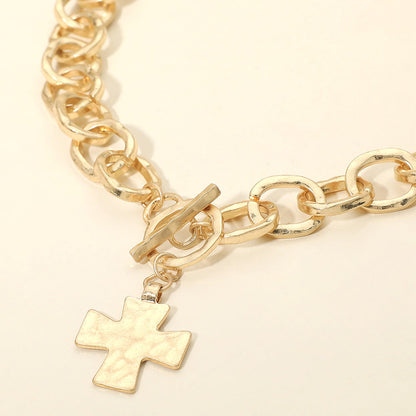 Madeline Love Worn Gold Cross Charm Chunky Chain Toggle Necklace - Necklaces
