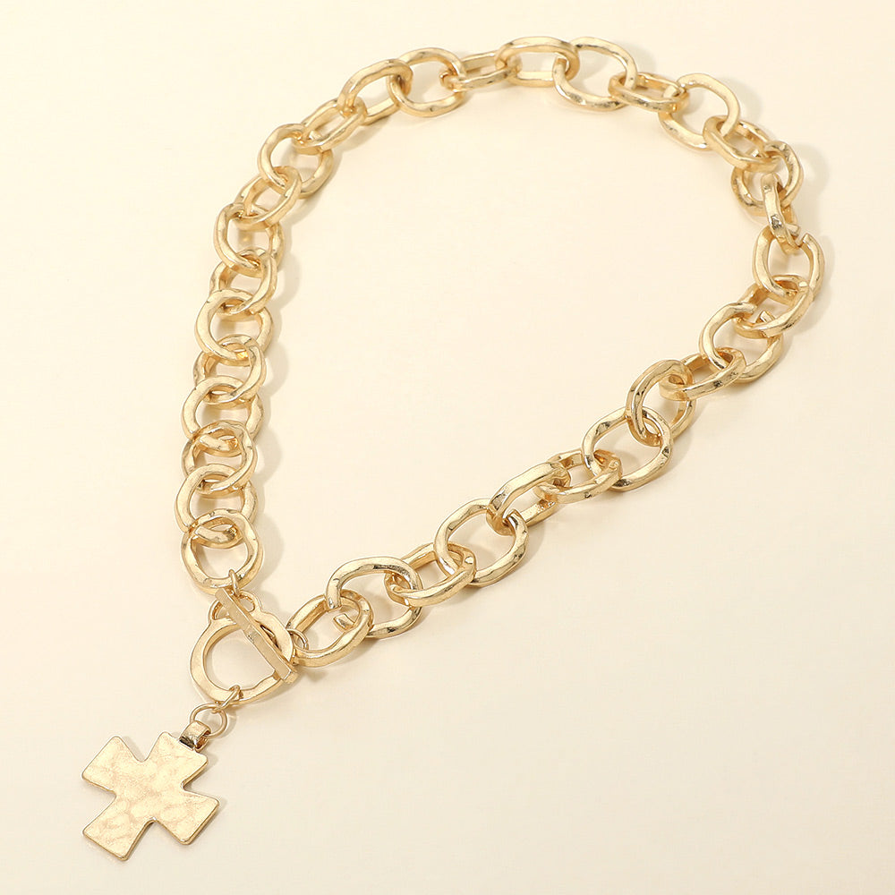 Madeline Love Worn Gold Cross Charm Chunky Chain Toggle Necklace - Necklaces - extra