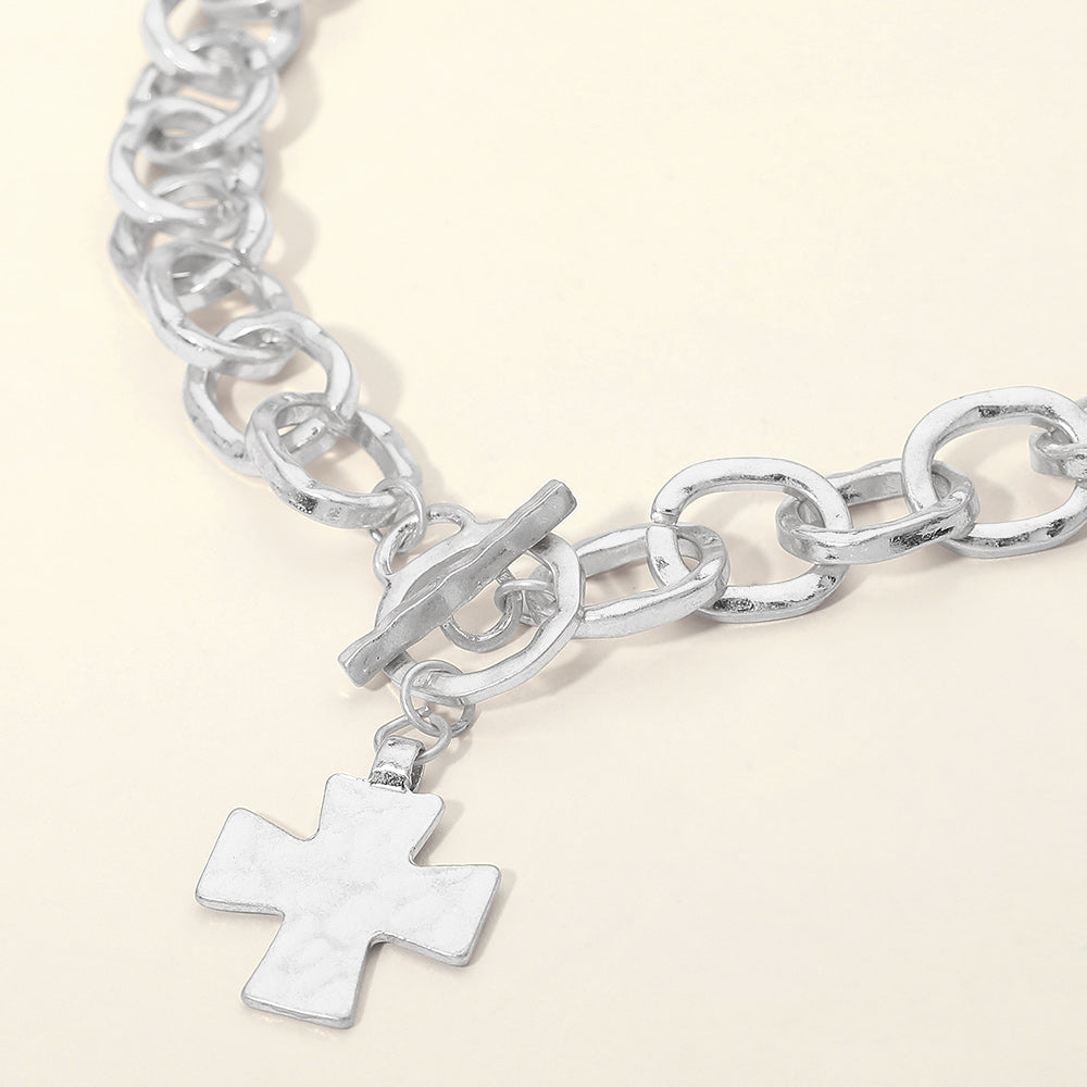 Madeline Love Worn Silver Cross Charm Chunky Chain Toggle Necklace - Necklaces