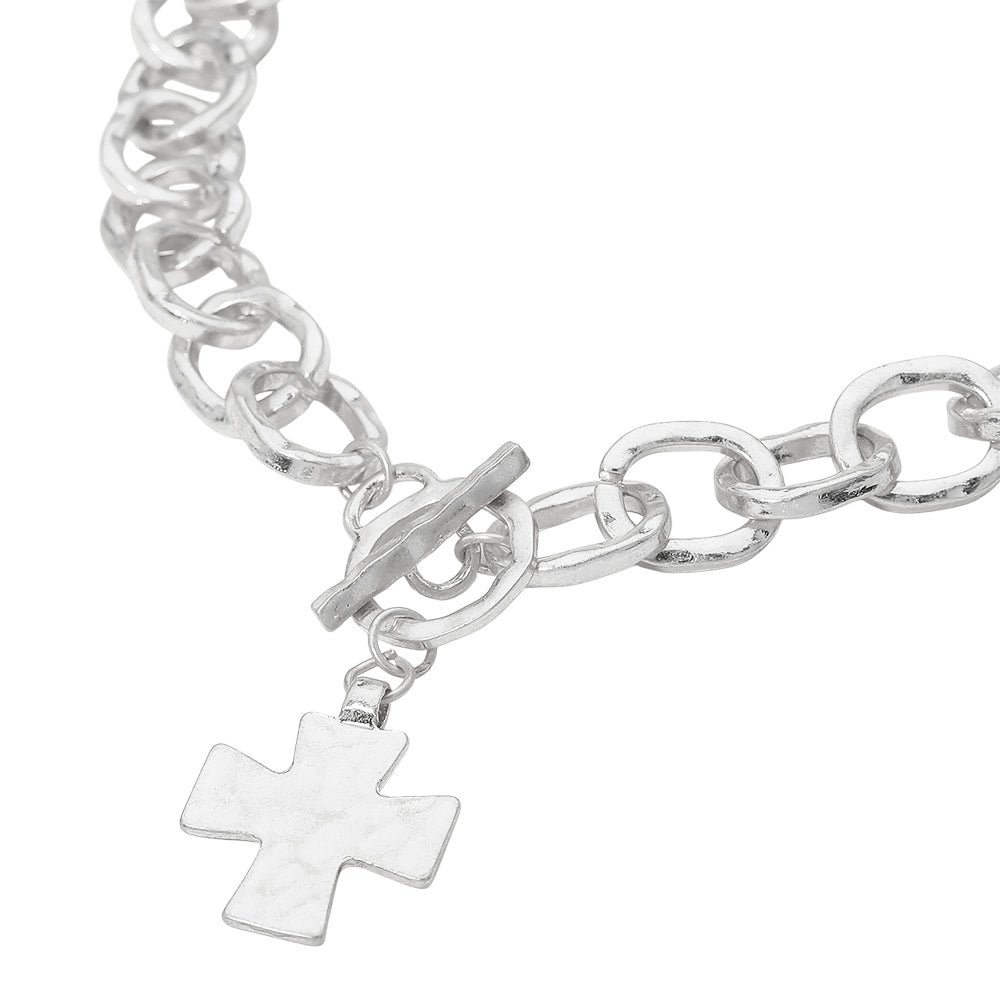 Madeline Love Worn Silver Cross Charm Chunky Chain Toggle Necklace - Necklaces - desc