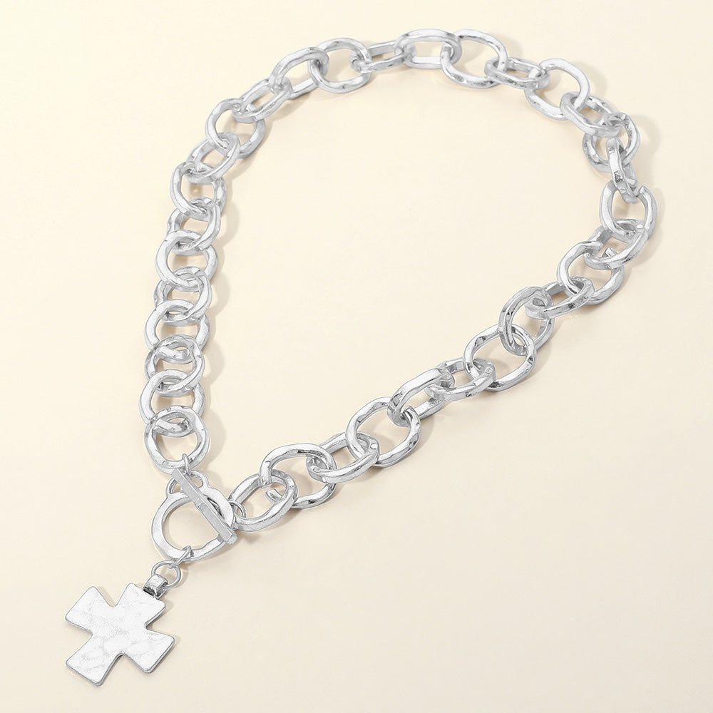 Madeline Love Worn Silver Cross Charm Chunky Chain Toggle Necklace - Necklaces - extra