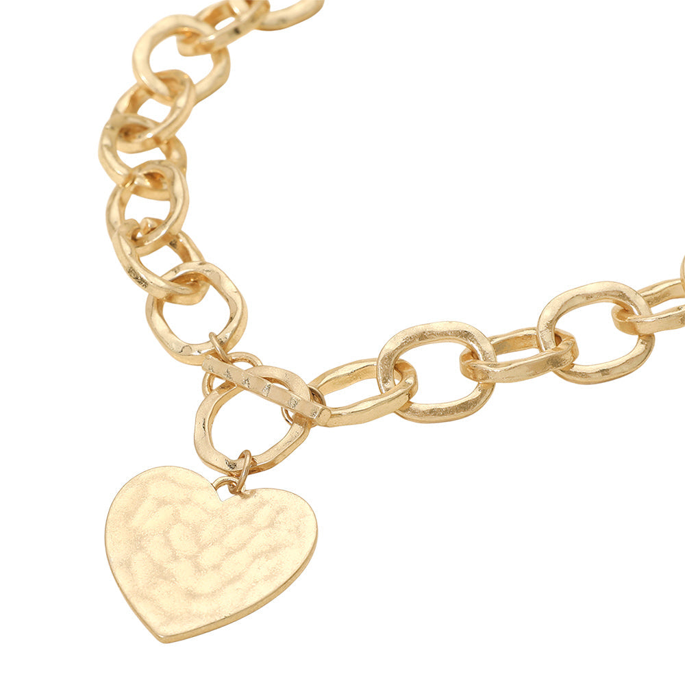 Madeline Love Worn Gold Hammered Metal Heart Charm Chunky Chain Toggle Necklace - Necklaces - desc