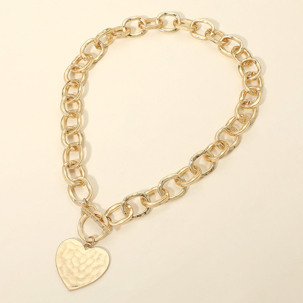 Madeline Love Worn Gold Hammered Metal Heart Charm Chunky Chain Toggle Necklace - Necklaces - extra